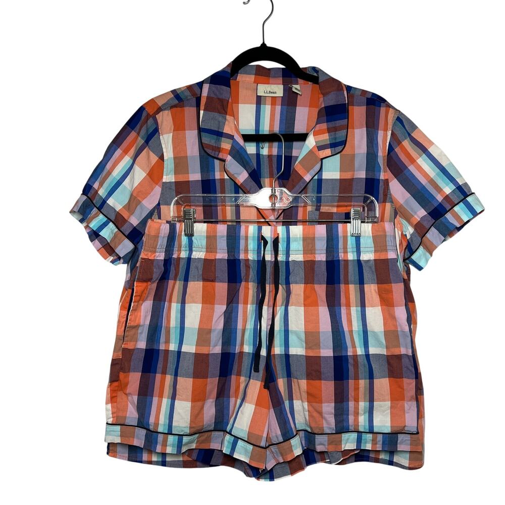 L.L.BEAN Pajama Set Womens L Multicolor Plaid Cotton Blend Shorts Sleepwear